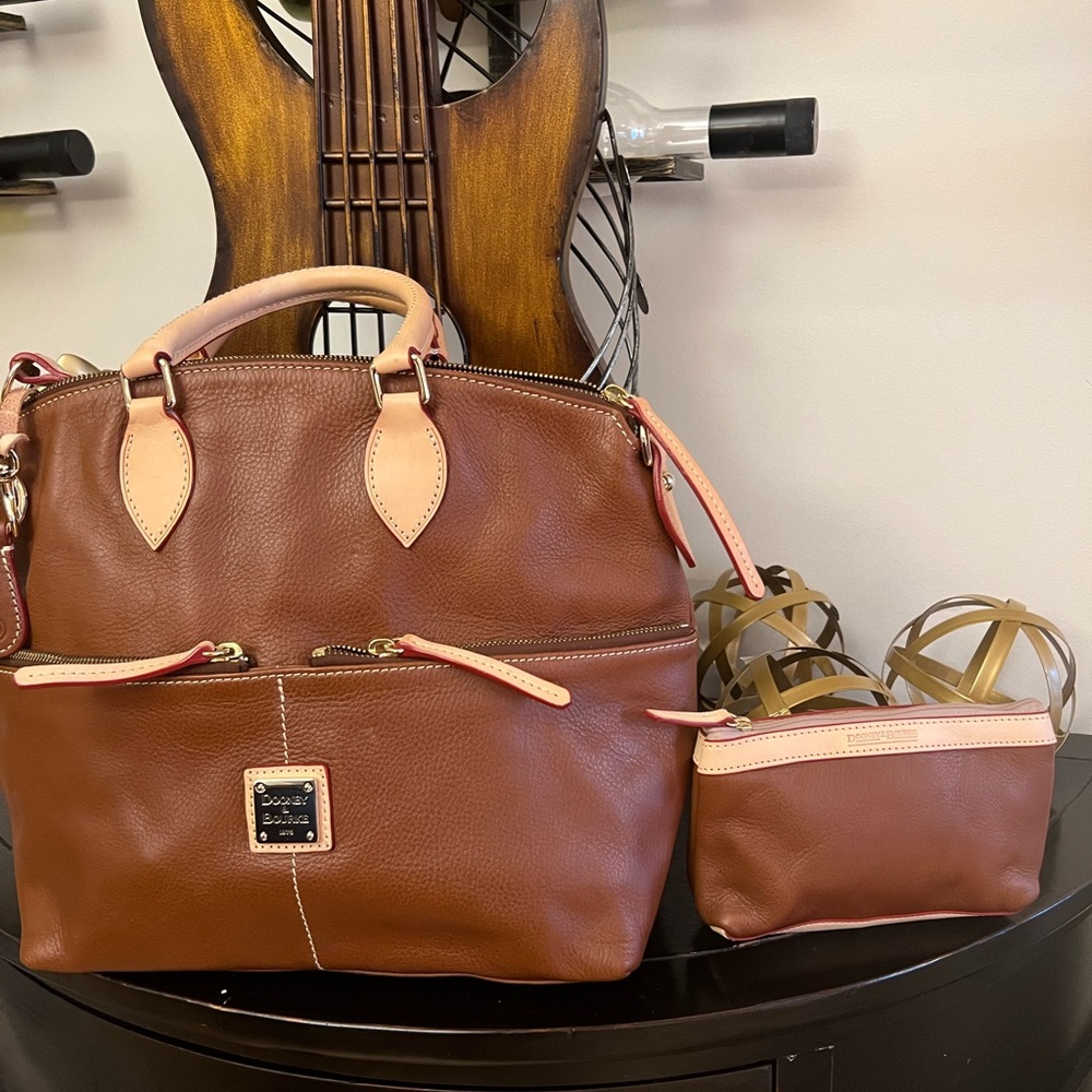 Dooney & Bourke Brown Pebbled Leather Satchel + Matching Pouch Set